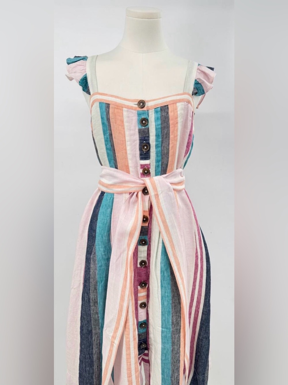 J Crew Striped 100% Linen Dress Sleeveless Button up Midi Flutter  8